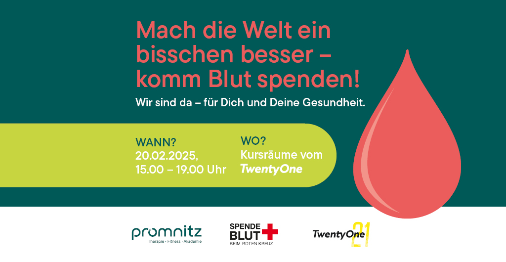 Komm Blut spenden am 20.02.2025 von 15 bis 20 Uhr im TwentyOne Fitness in Brandenburg an der Havel